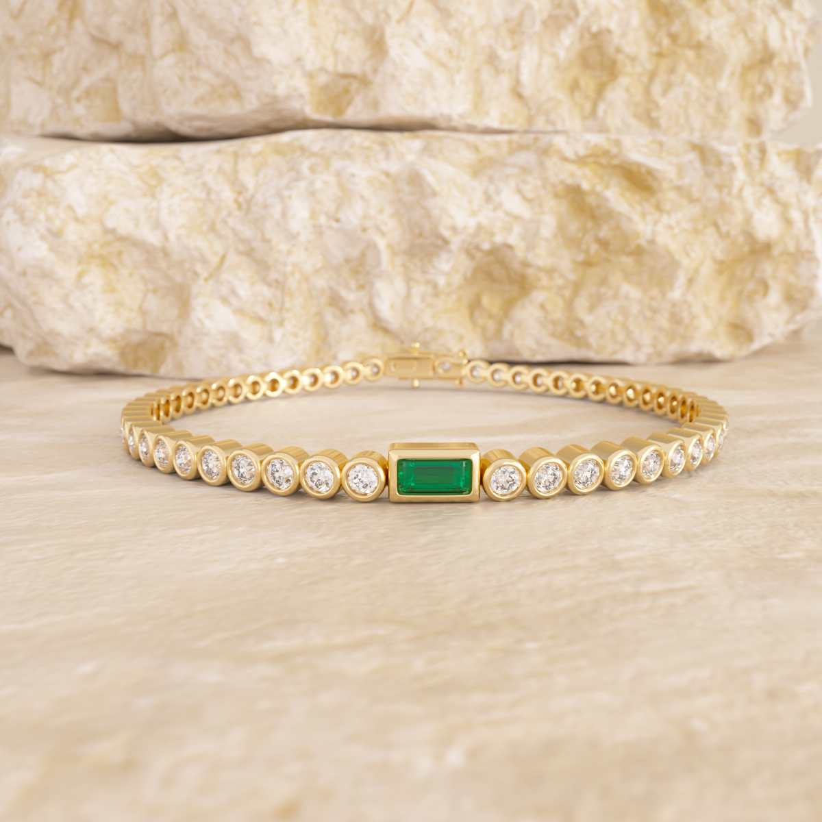14K Yellow Gold Round Lab Diamond Bezel Setting Tennis Bracelet with A Baguette Cut Lab Emerald Center Stone