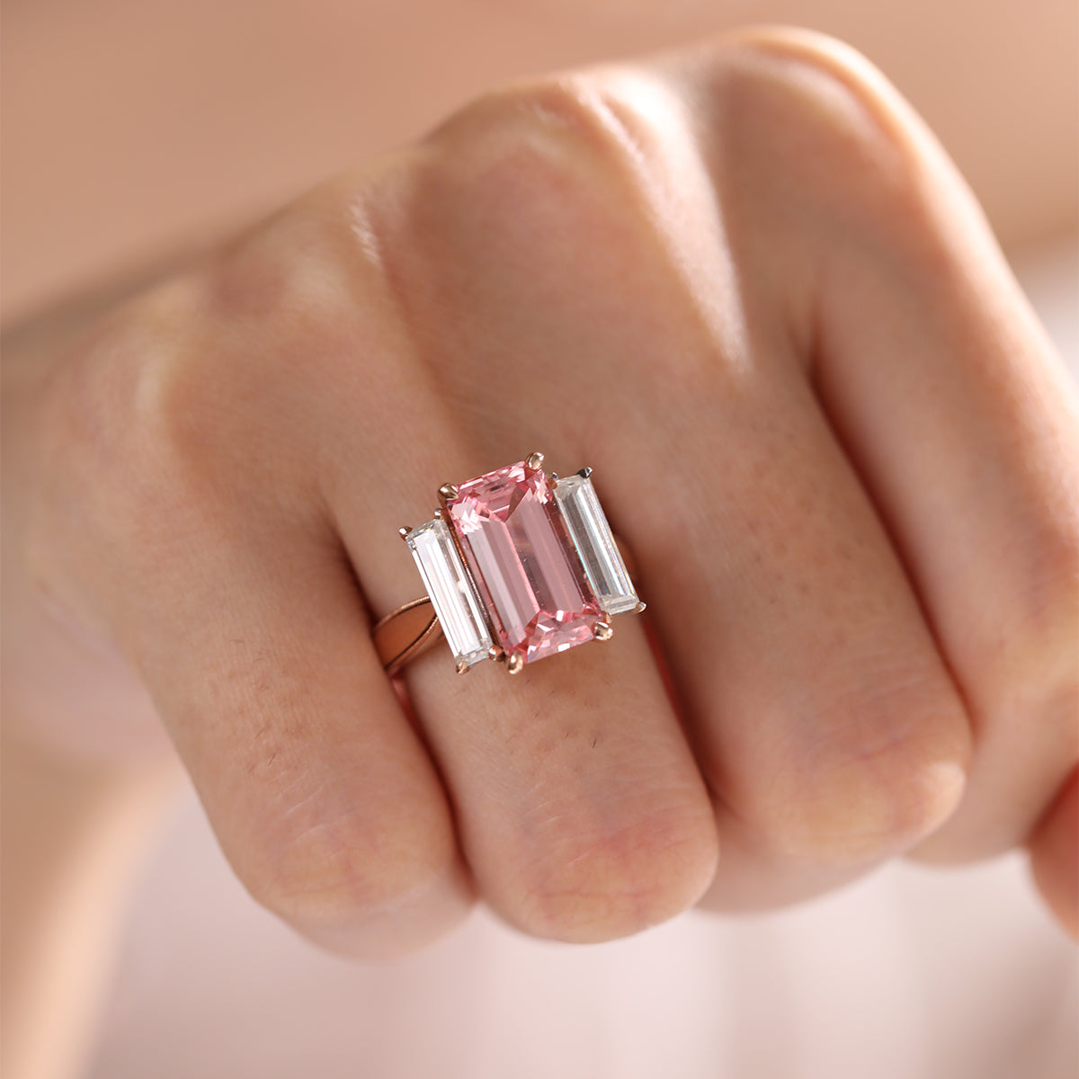 14K Rose and White Gold 13*6.5mm Emerald Cut Lab Pink Sapphire and Two Baguette Cut Lab Diamond Three Stone Cocktail Ring with Tapered Band