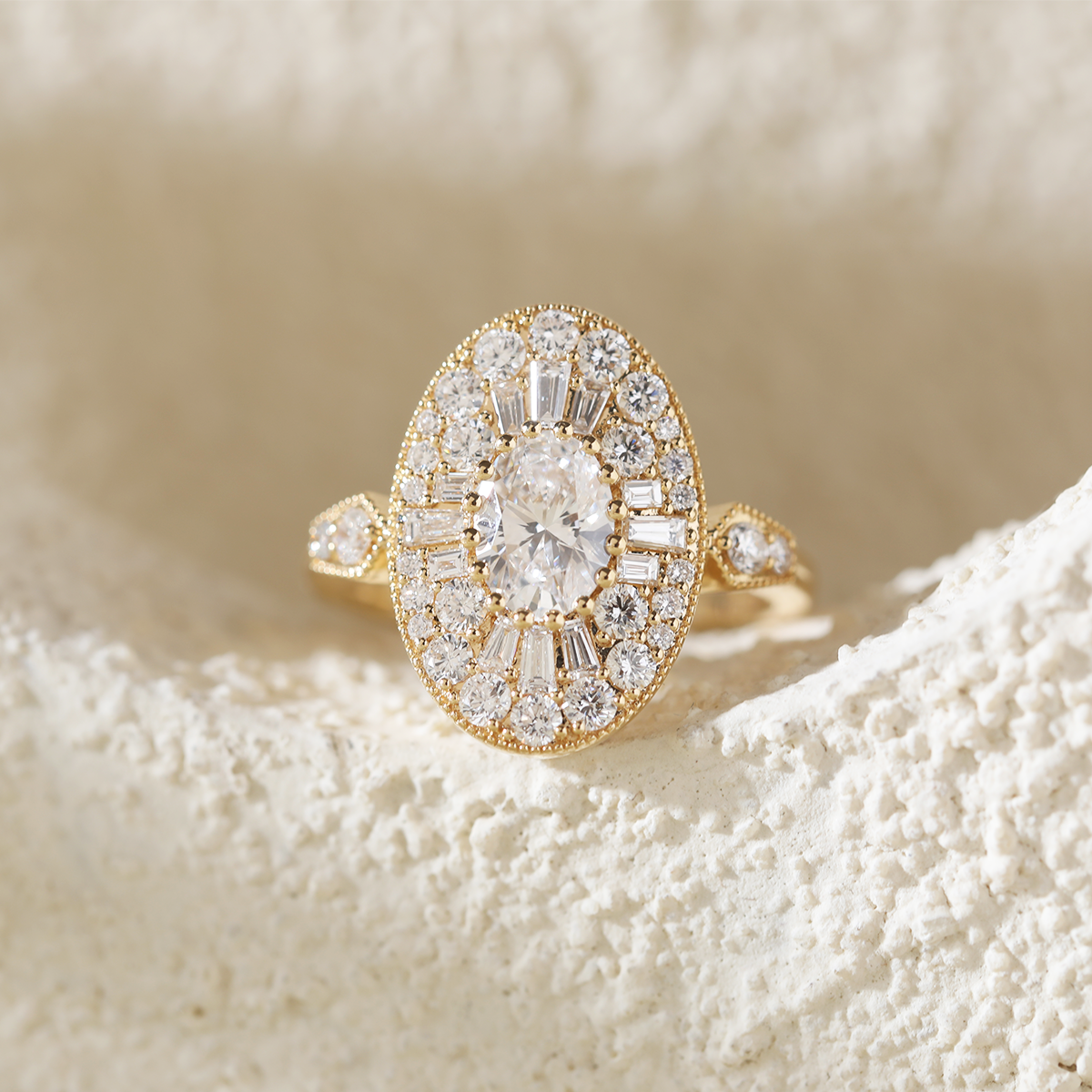 18K Yellow Gold Oval Lab Diamond Millegrain Vintage Style Ring with Round and Tapered Baguette Side-stones Halo