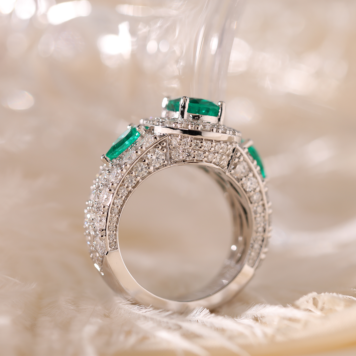 14K White Gold 9*7mm Oval Columbian Lab Emerald Vintage Ring with Pear Lab Emerald and Round Lab Diamond Side-stones Pave