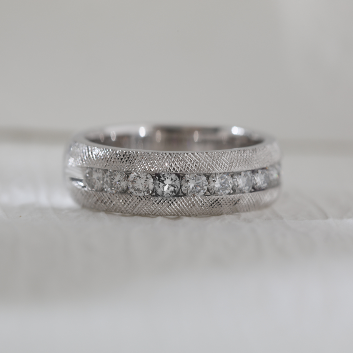 Platinum Round Lab Diamond Half Eternity Channel Setting Florentine Finish Wedding Men's Ring