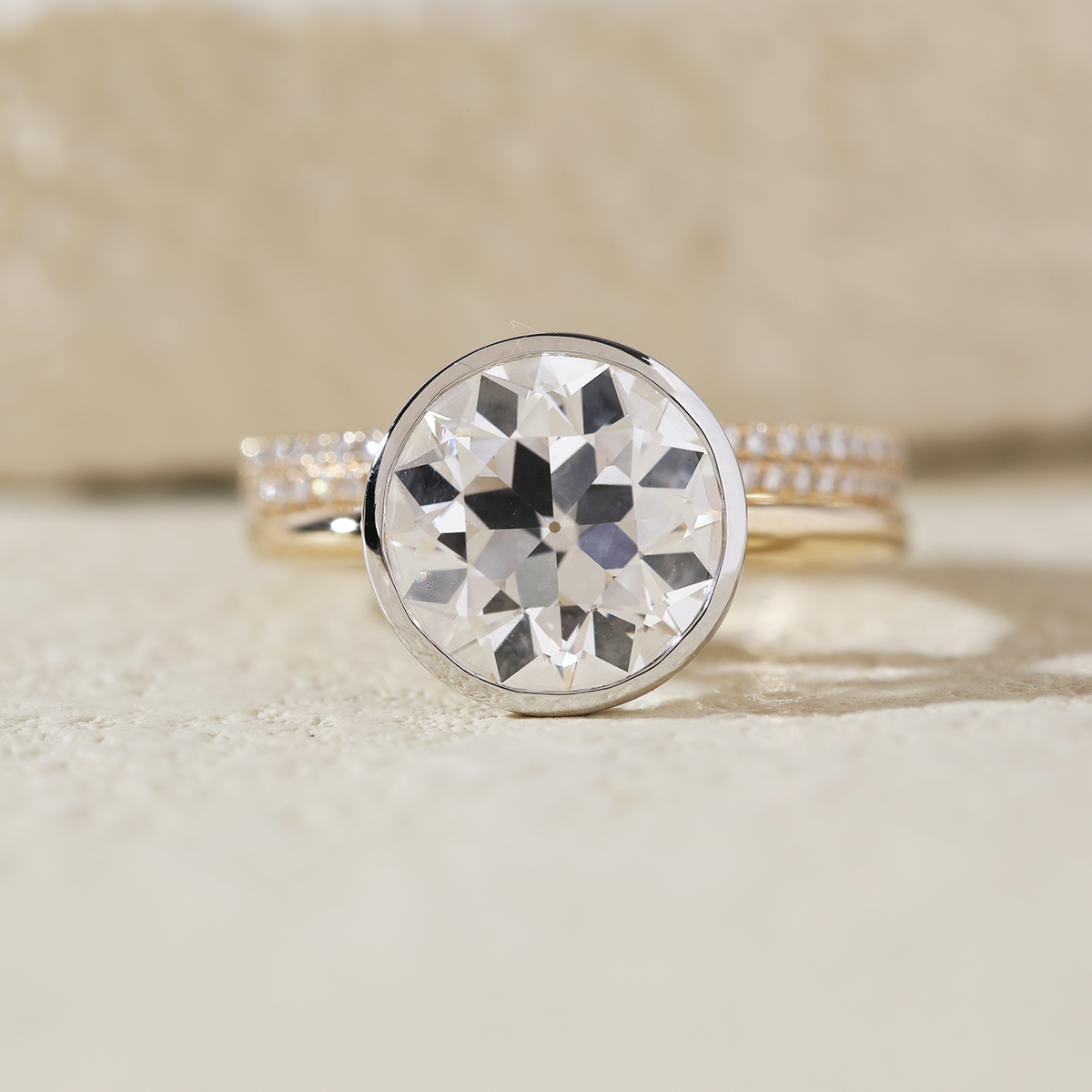 14K Yellow and White Gold 3.5ct Old European Cut Lab Diamond Bezel Engagement Ring with A Round Lab Diamond Double Row Pave Half Eternity Wedding Band - Bridal Ring Set Design
