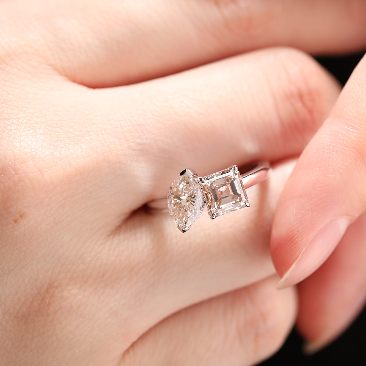 14K Yellow Gold Marquise Cut and Asscher Cut Lab Diamond Toi et Moi Ring