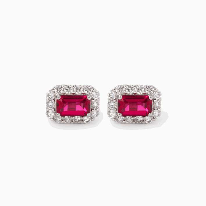 14K White Gold Emerald Cut Ruby Lab Diamond Halo Stud Earrings