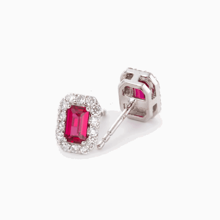14K White Gold Emerald Cut Ruby Lab Diamond Halo Stud Earrings