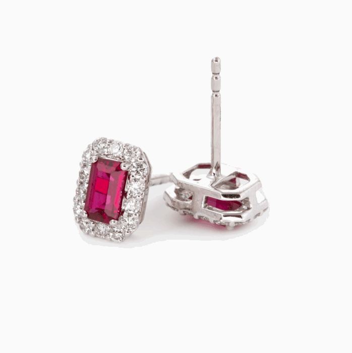 14K White Gold Emerald Cut Ruby Lab Diamond Halo Stud Earrings