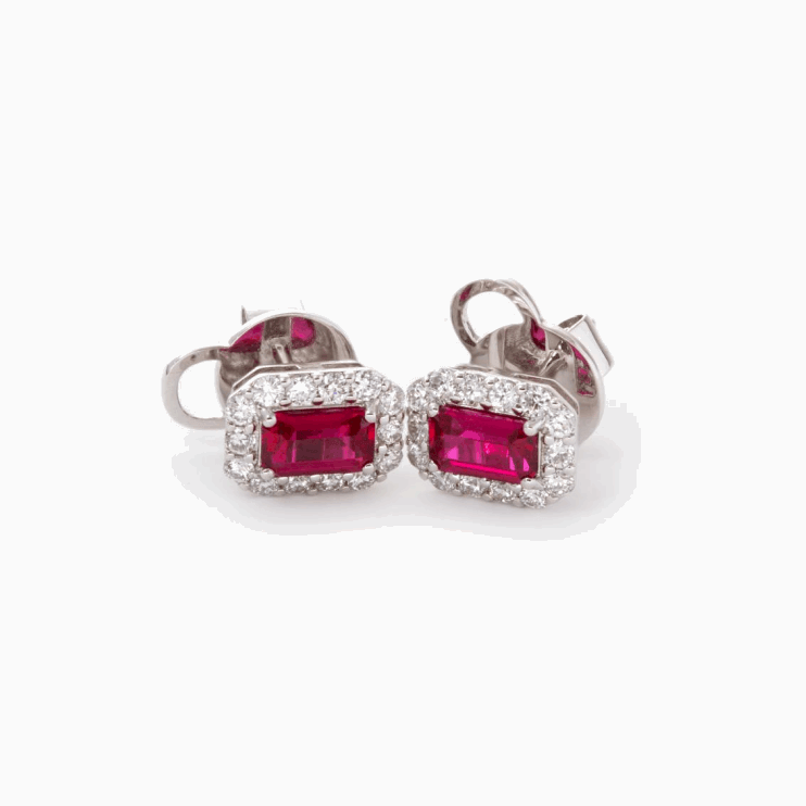 14K White Gold Emerald Cut Ruby Lab Diamond Halo Stud Earrings