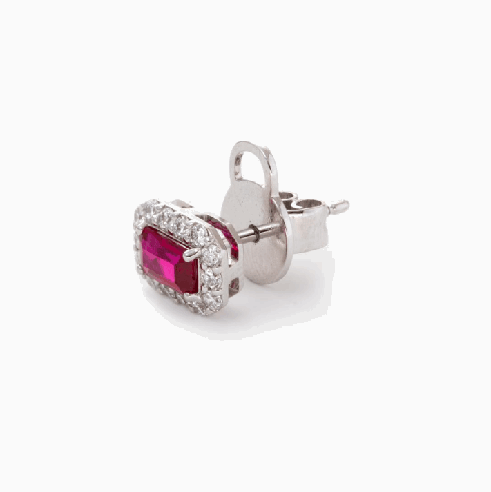 14K White Gold Emerald Cut Ruby Lab Diamond Halo Stud Earrings