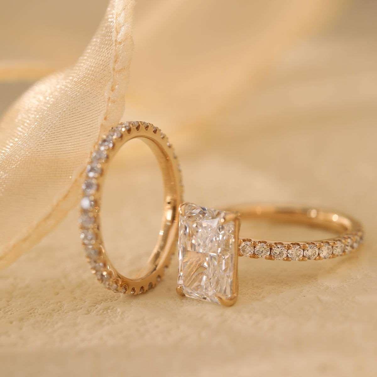 14K Yellow Gold 3ct Radiant Cut Lab Diamond 4 Prongs Basket Setting Bridal Set Rings