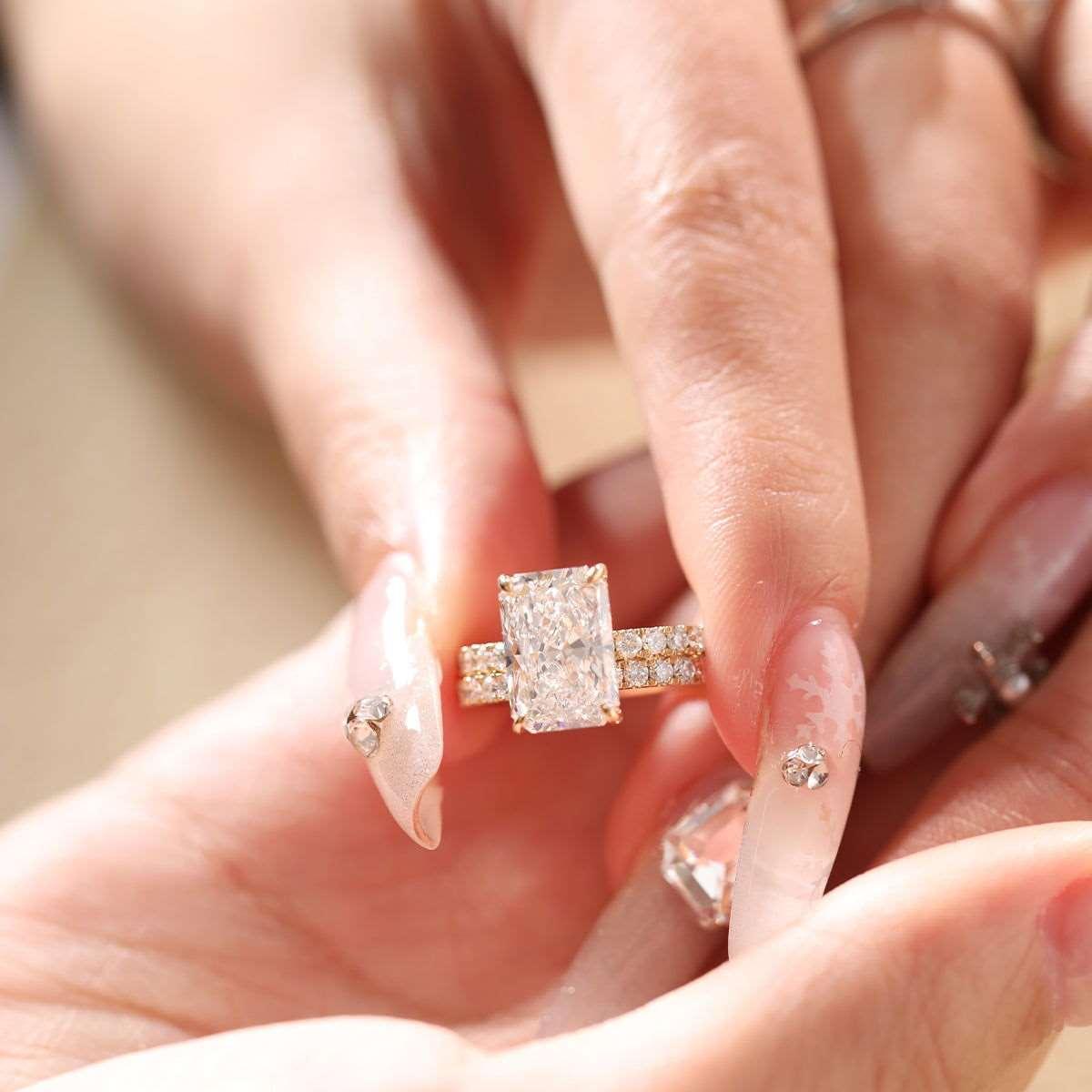 14K Yellow Gold 3ct Radiant Cut Lab Diamond 4 Prongs Basket Setting Bridal Set Rings