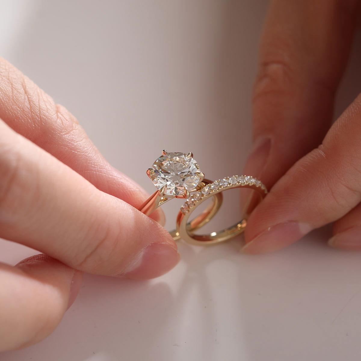 14K Yellow Gold 3ct Round Lab Diamond 6 Prongs Floral Setting Bridal Ring Set