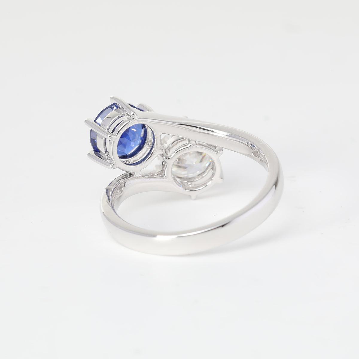14K White Gold Old European Cut Lab Diamond & Lab Sapphire Toi et Moi Ring