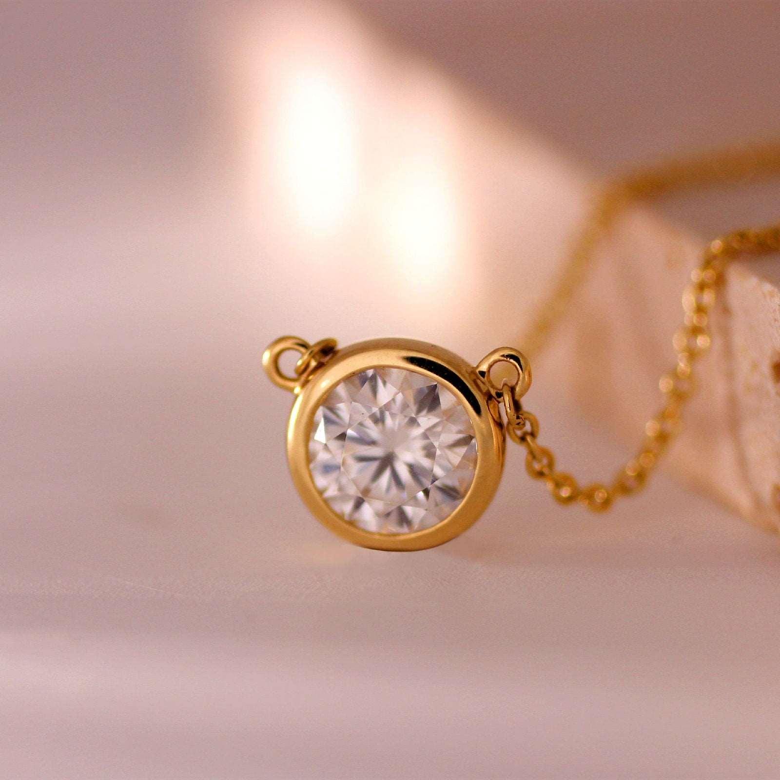 14K Yellow Gold Round Lab Diamond Bezel Necklace