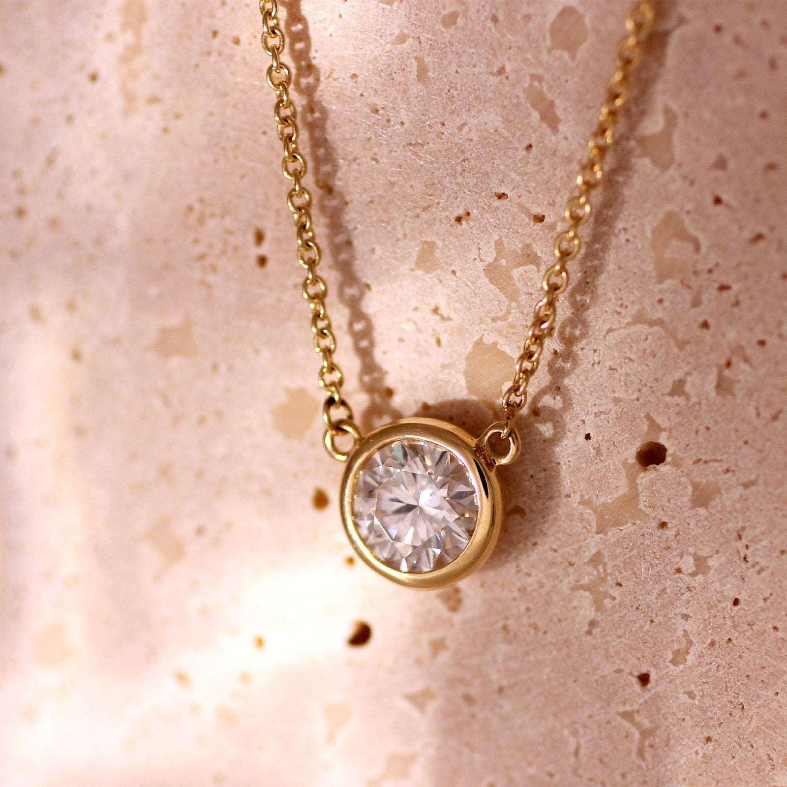 14K Yellow Gold Round Lab Diamond Bezel Necklace