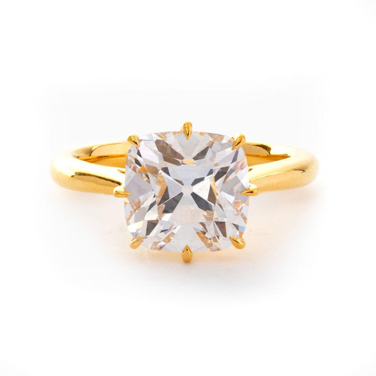 14k Yellow Gold 2.5ct Old Mine Cut Cushion Lab Diamond 8 Prongs Basket Solitaire Ring