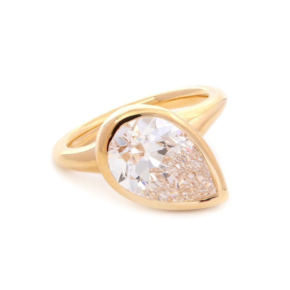 14k Yellow Gold 2.5ct Pear Old Mine Cut Lab Diamond Bezel Bridal Set Rings