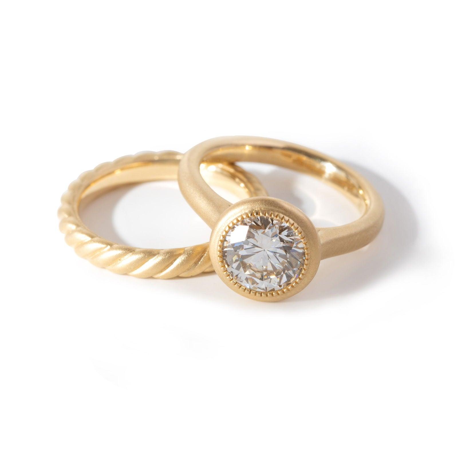14k Yellow Gold Round Lab Diamond Bezel Matte Bridal Set Rings