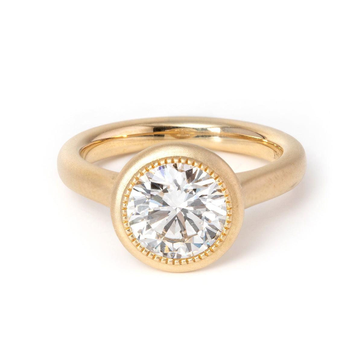 14k Yellow Gold Round Lab Diamond Bezel Matte Bridal Set Rings