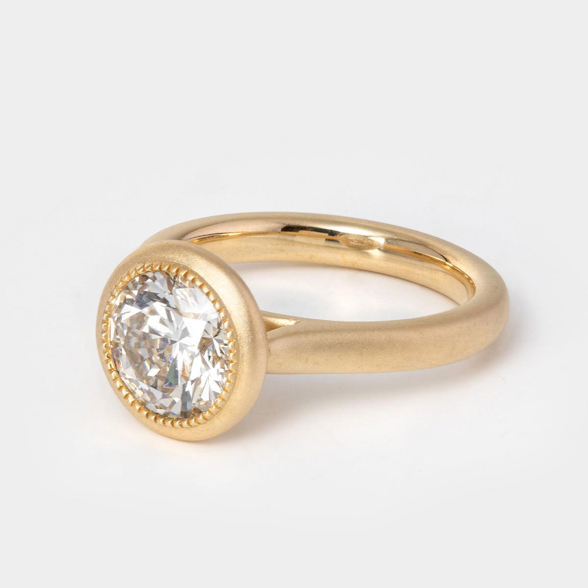 14k Yellow Gold Round Lab Diamond Bezel Matte Bridal Set Rings