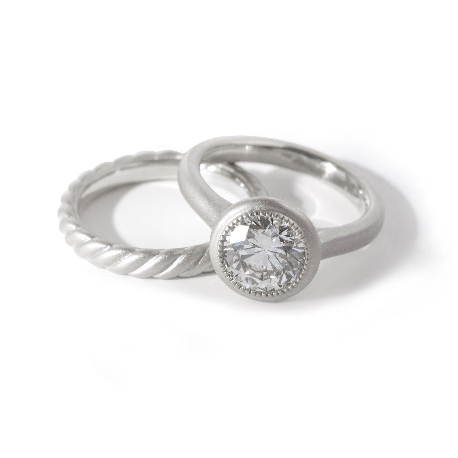 14k Yellow Gold Round Lab Diamond Bezel Matte Bridal Set Rings