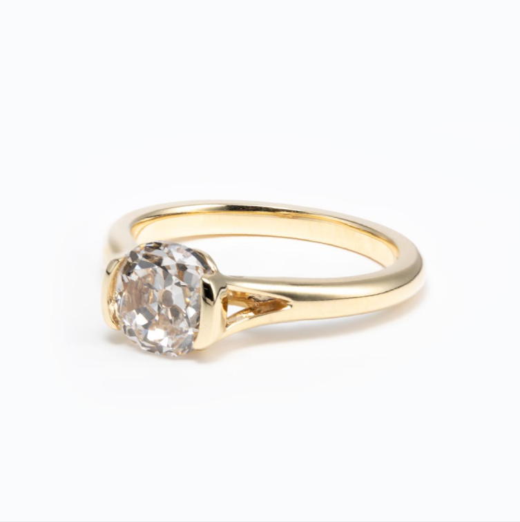 14K Yellow Gold 2ct Old Mine Cut Lab Diamond Half Bezel Ring with Knot Design