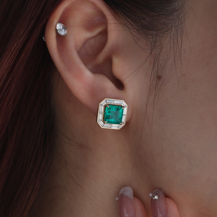 14K Yellow Gold 4.5 ct tw Asshcer Cut Colombian Lab Emerald Halo Stud Earrings
