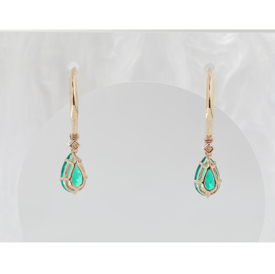 14K Yellow Gold Pear Cut Colombian Lab Emerald Basket Setting Hoop Earrings with Leverback