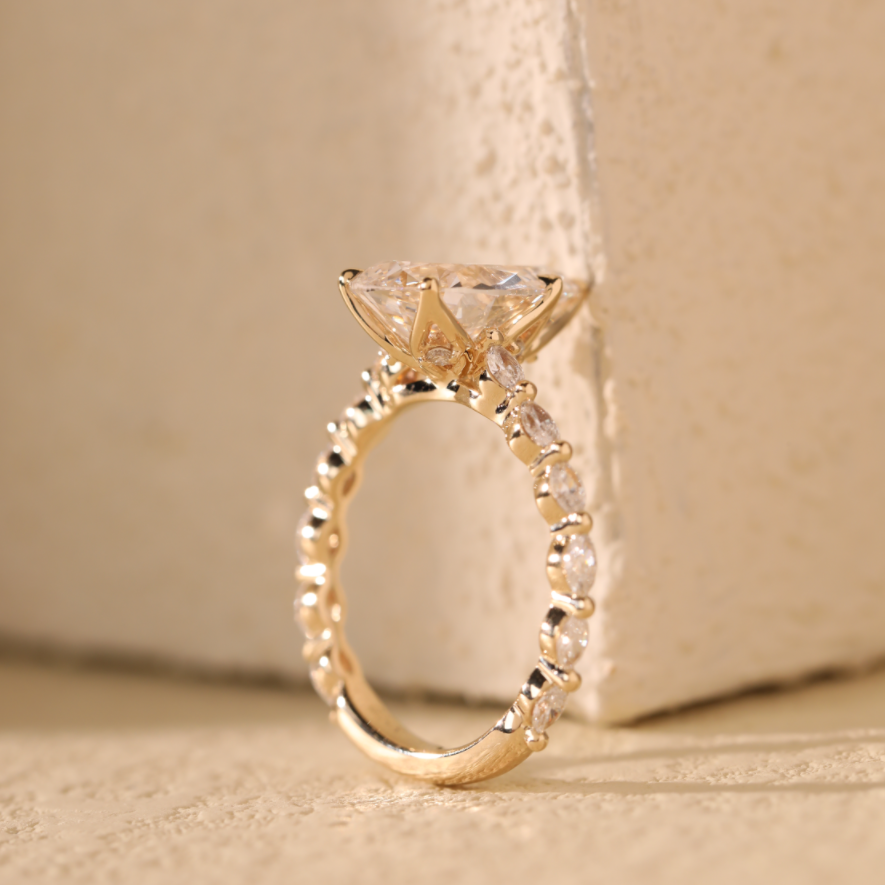 14K Yellow Gold 3ct Pear Cut Lab Diamond 5 Claw Prongs Floral Basket Engagement Ring with Marquise Cut and Round Cut Diamond Side-stones