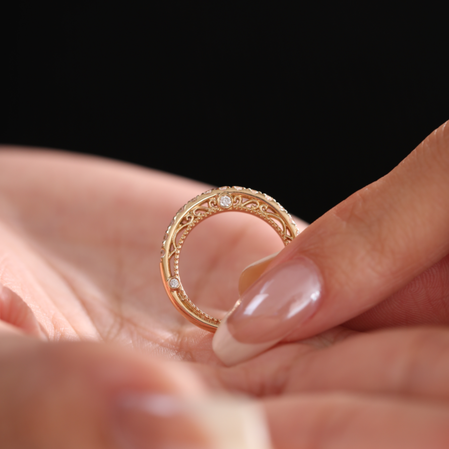 18K Yellow Gold Round Cut Lab Diamond Millegrain and Foral Design Eternity Ring
