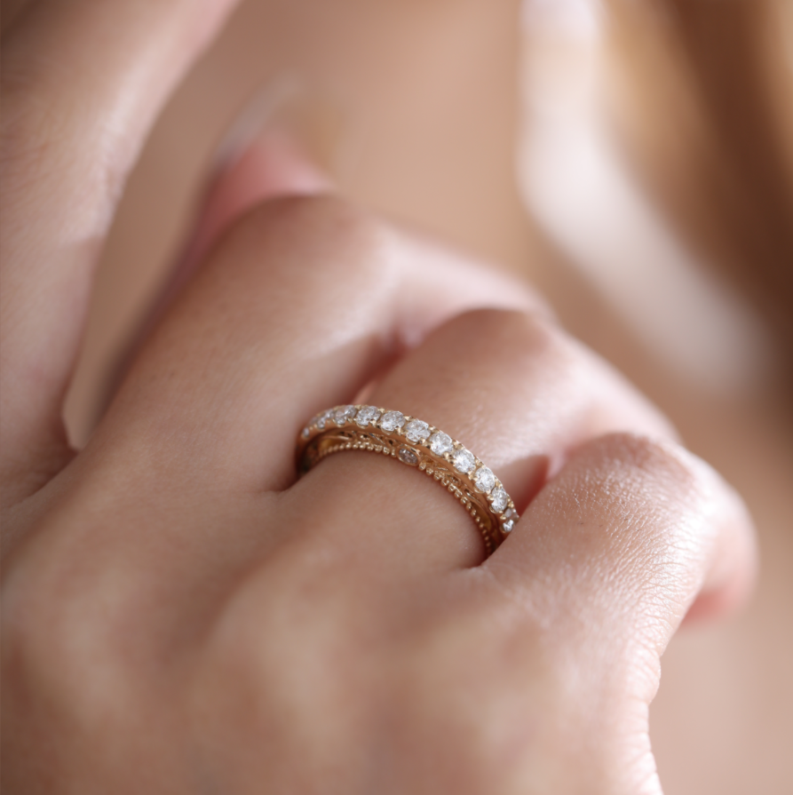 18K Yellow Gold Round Cut Lab Diamond Millegrain and Foral Design Eternity Ring