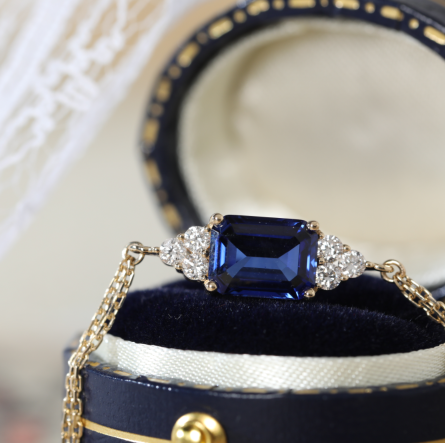 14K Yellow Gold 2ct Royal Blue Lab Sapphire Chain Bracelet with Round Lab Diamond Side-stones