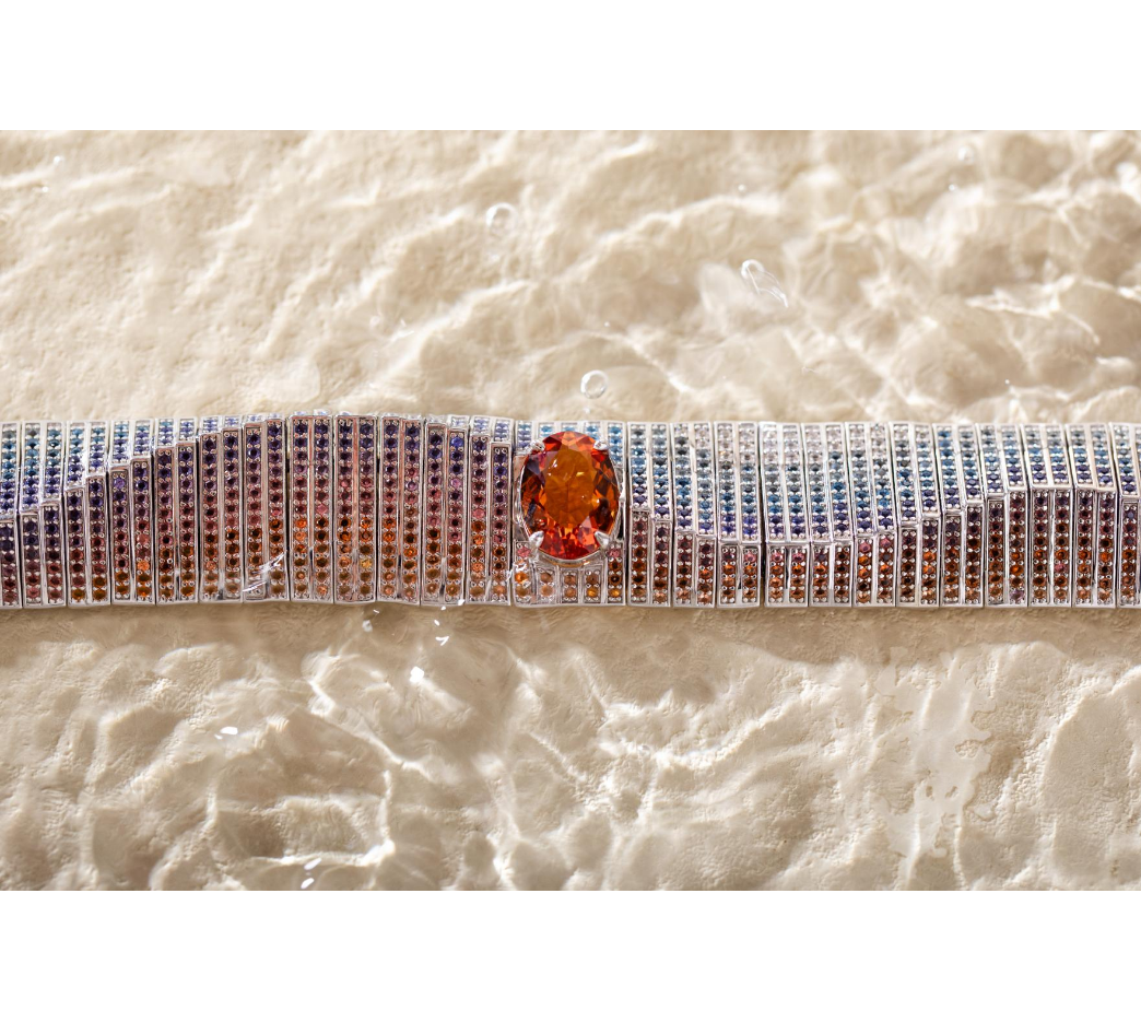 14K White Gold Colored Lab Gemstone Bracelet with 10*14mm Oval Lab Orange Sapphire
