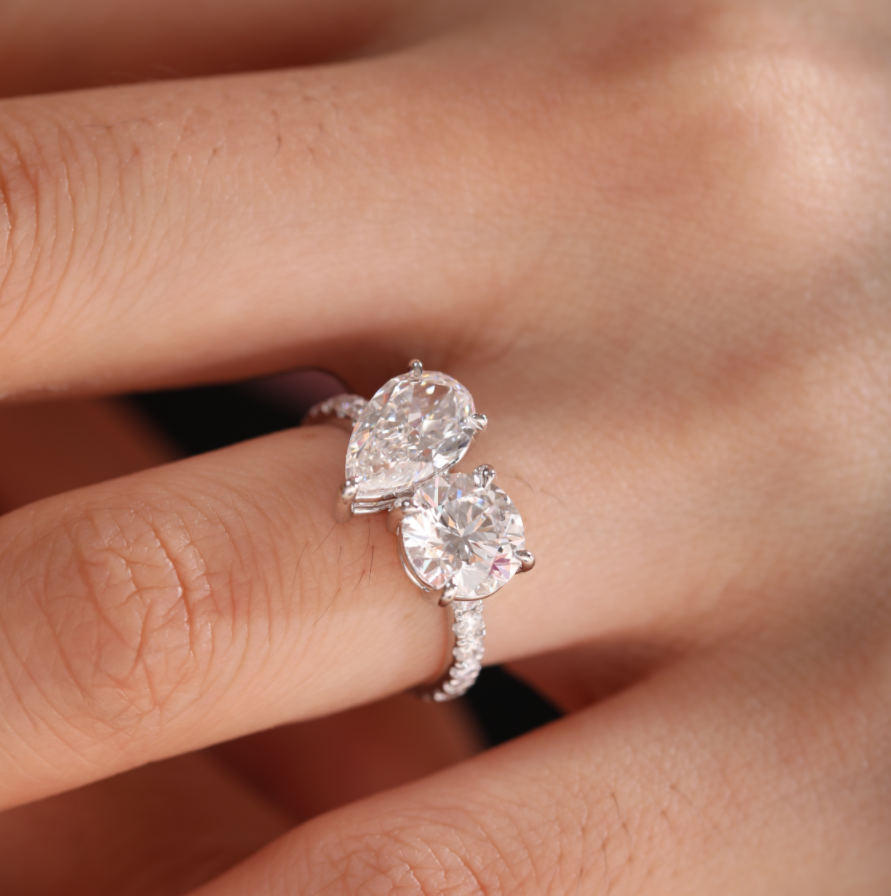 14K White Gold Round and Pear Lab Diamond Toi et Moi Ring with Pave Design