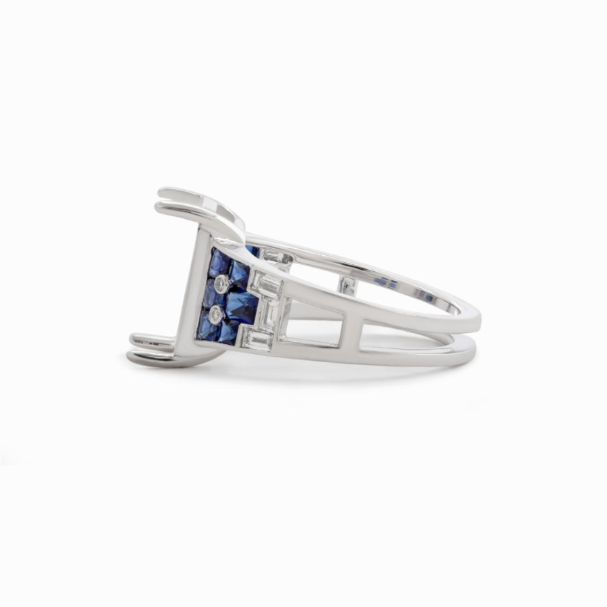Platinum 5.5ct Emerald Cut Lab Diamond Vintage Ring with Lab Sapphire and Baguette Lab Diamond Side-Stones