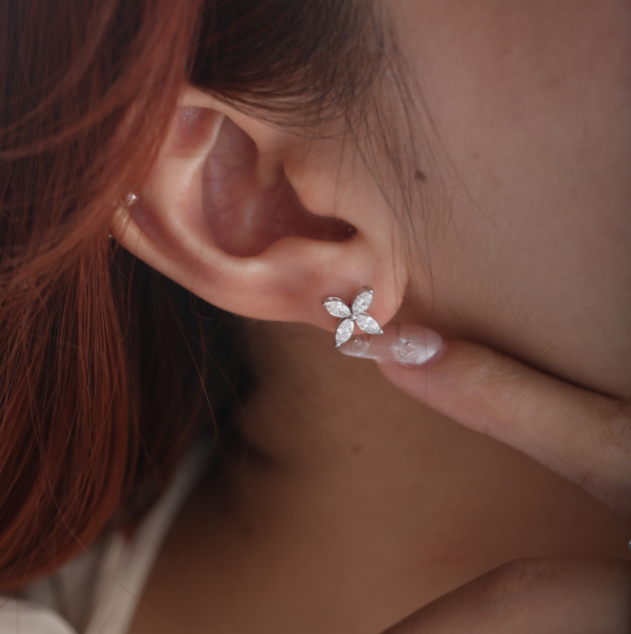 18K Rose Gold Marquise Cut Lab Diamond Flower Stud Earrings