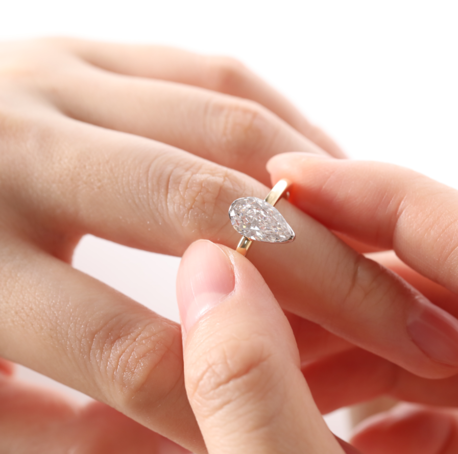 14K Yellow and White Gold 2ct Pear Cut Lab Diamond Half Bezel Solitaire Ring