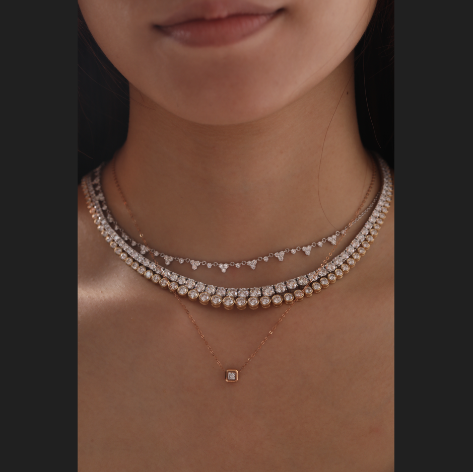 14K Rose Gold Princess Cut Lab Diamond Bezel Pendant Necklace