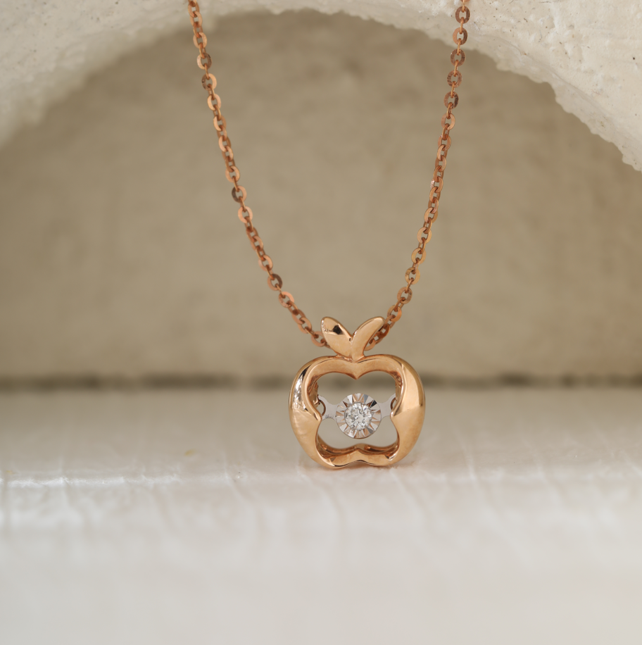 14K Rose Gold Round Lab Diamond Apple Pendant Necklace with Round Lab Diamond in A Diamond-Cut Texture Halo