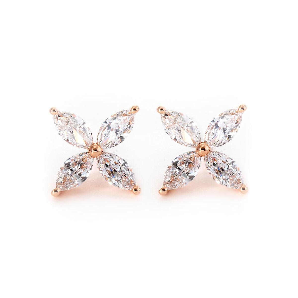 18K Rose Gold Marquise Cut Lab Diamond Flower Stud Earrings