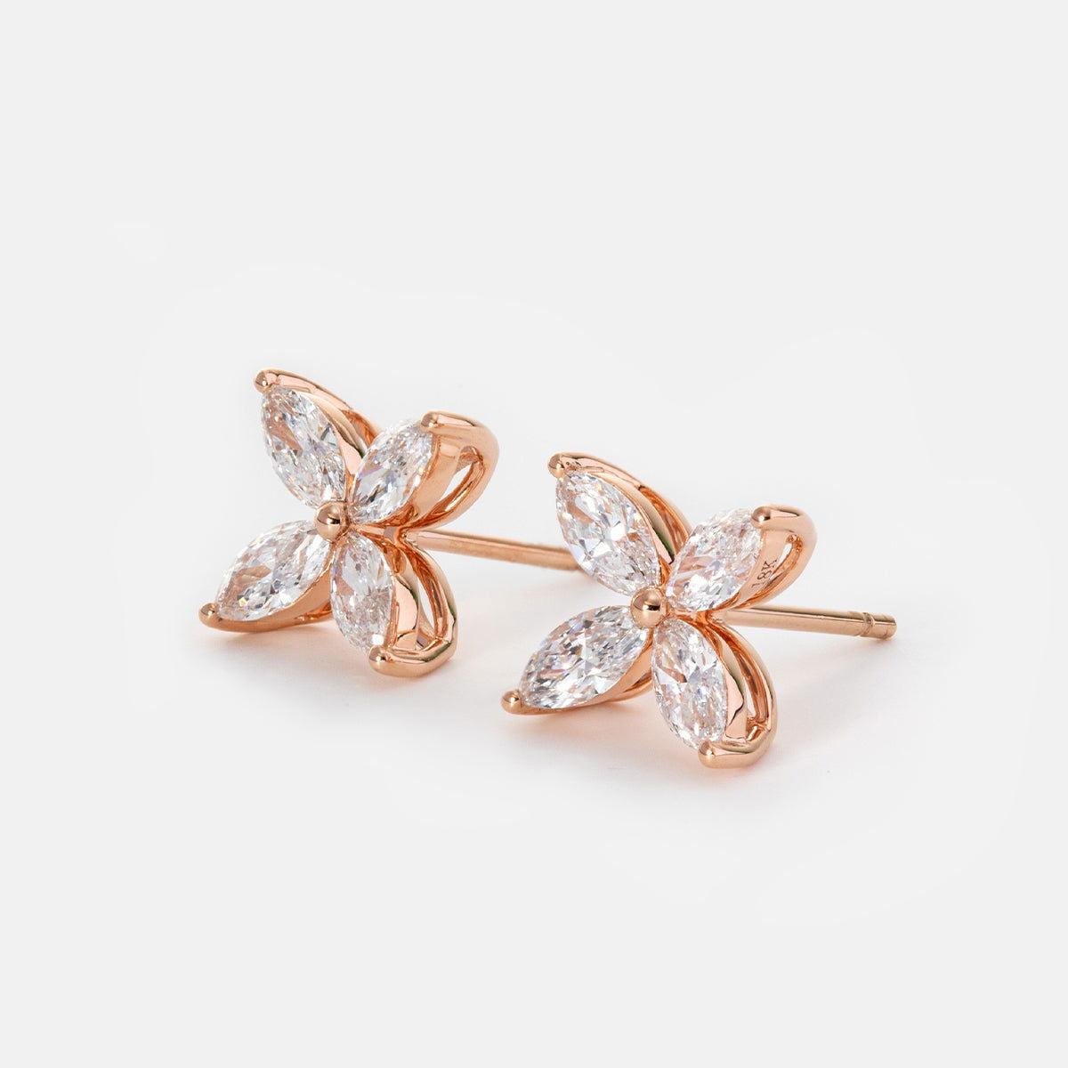 18K Rose Gold Marquise Cut Lab Diamond Flower Stud Earrings