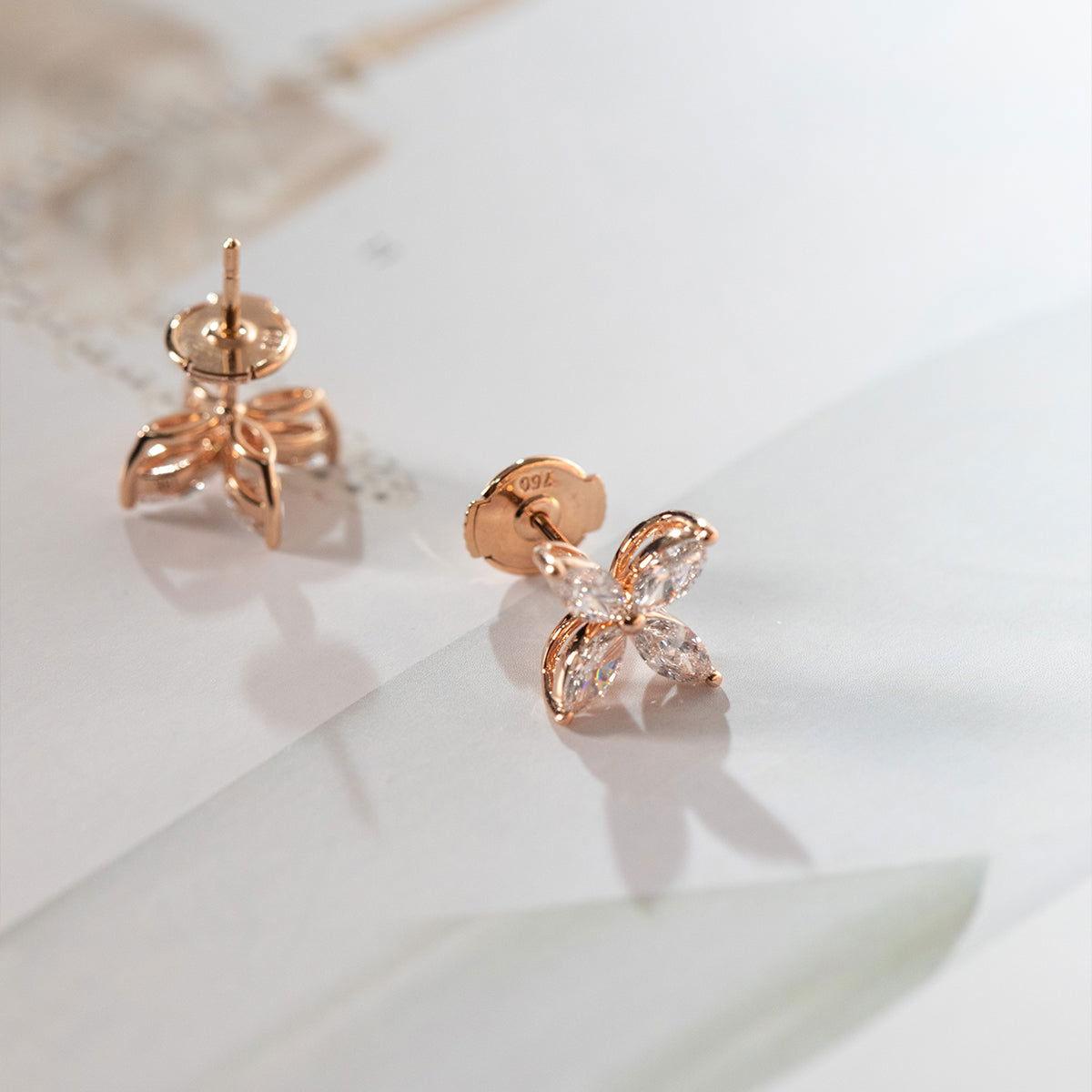 18K Rose Gold Marquise Cut Lab Diamond Flower Stud Earrings