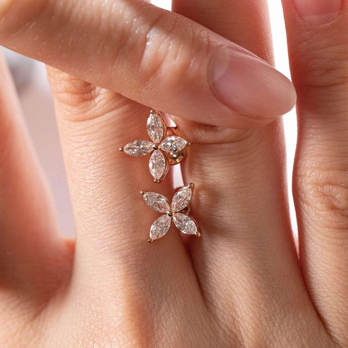 18K Rose Gold Marquise Cut Lab Diamond Flower Stud Earrings