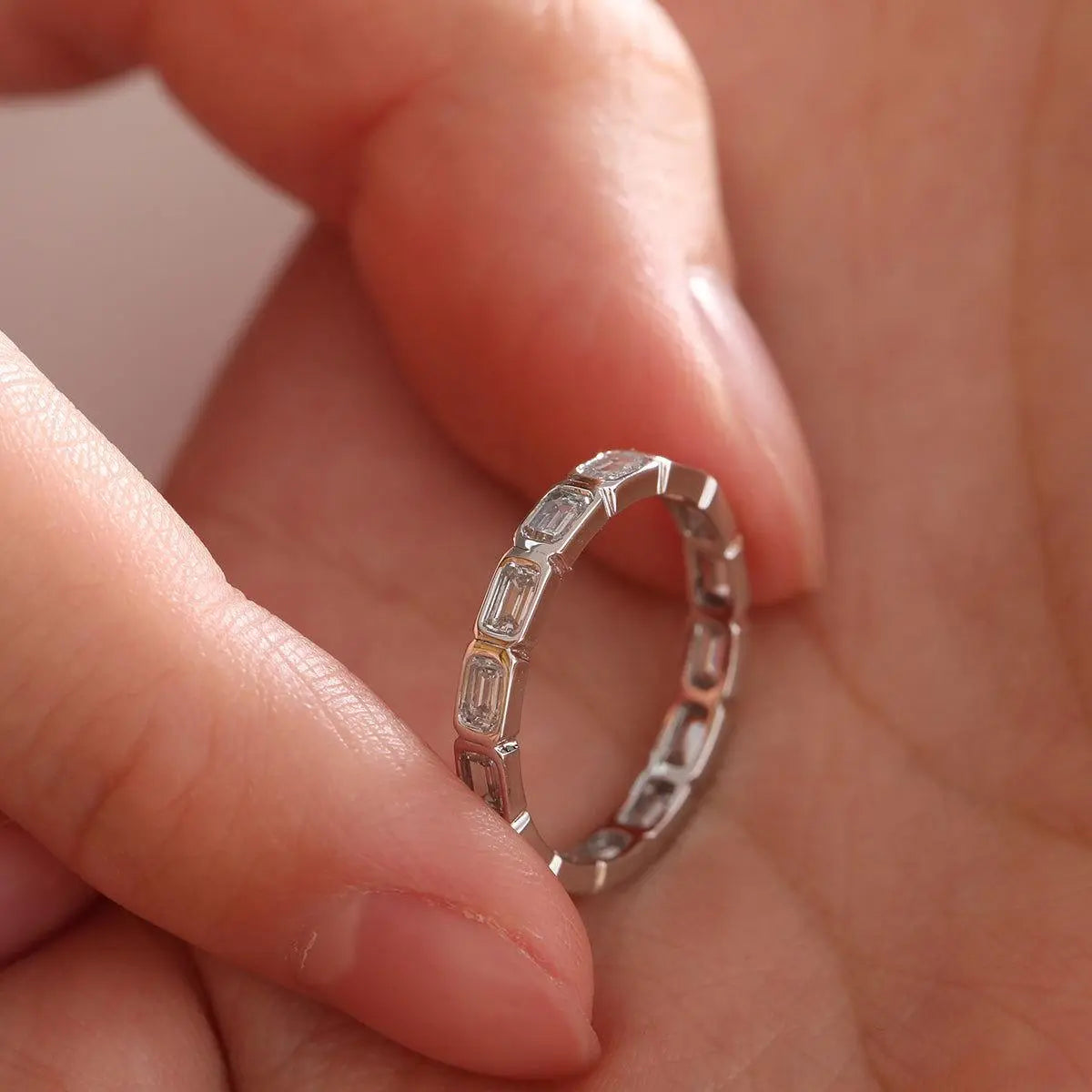 18K White Gold Emerald Cut Lab Diamond Bezel Eternity Ring