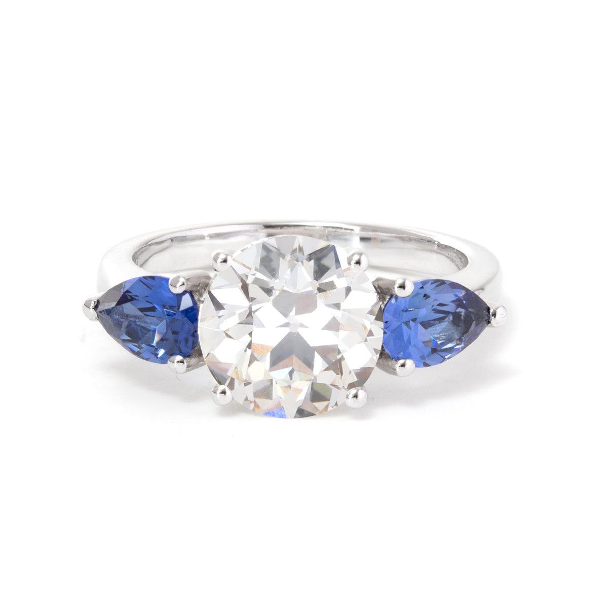 18K White Gold Old European cut Lab Diamond Pear Sapphire Three Stone Ring
