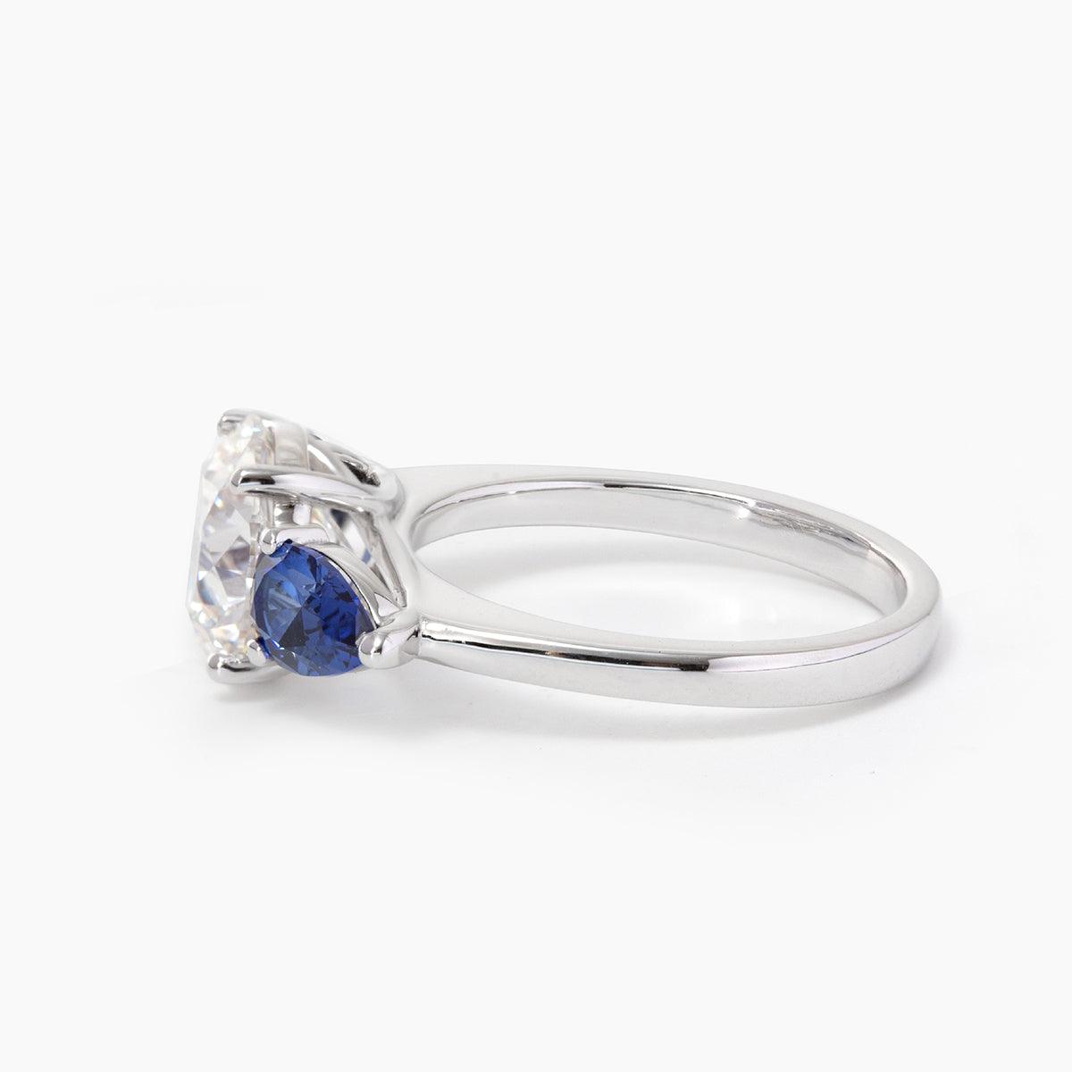 18K White Gold Old European cut Lab Diamond Pear Sapphire Three Stone Ring