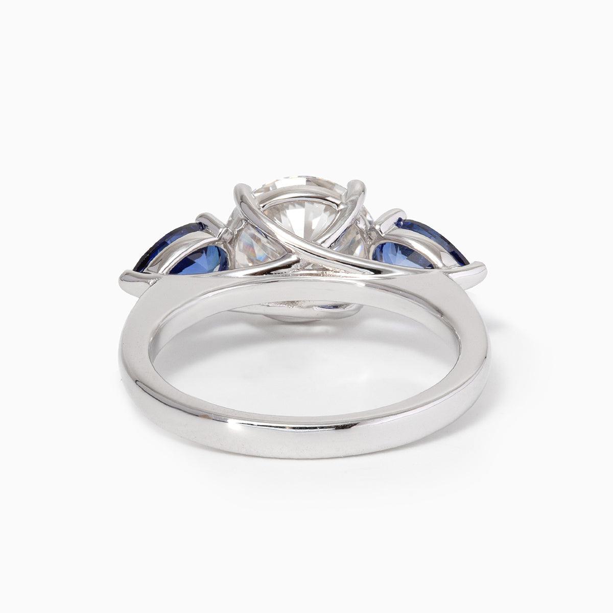 18K White Gold Old European cut Lab Diamond Pear Sapphire Three Stone Ring