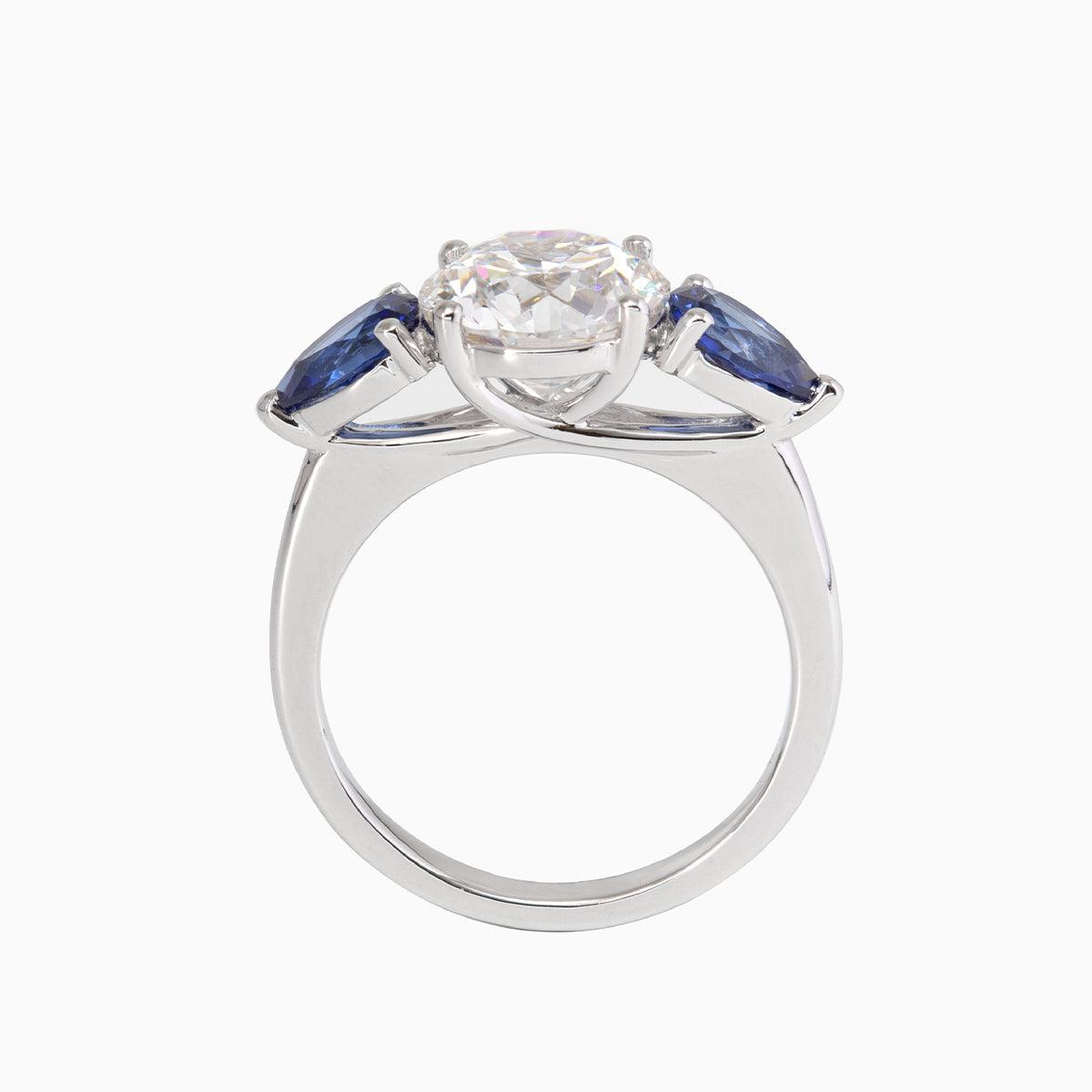 18K White Gold Old European cut Lab Diamond Pear Sapphire Three Stone Ring