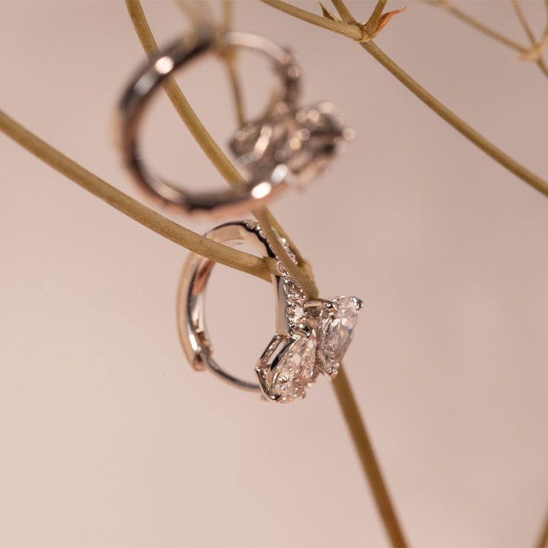 18K White Gold Pear Cut & Round Lab Diamond Huggie Earrings