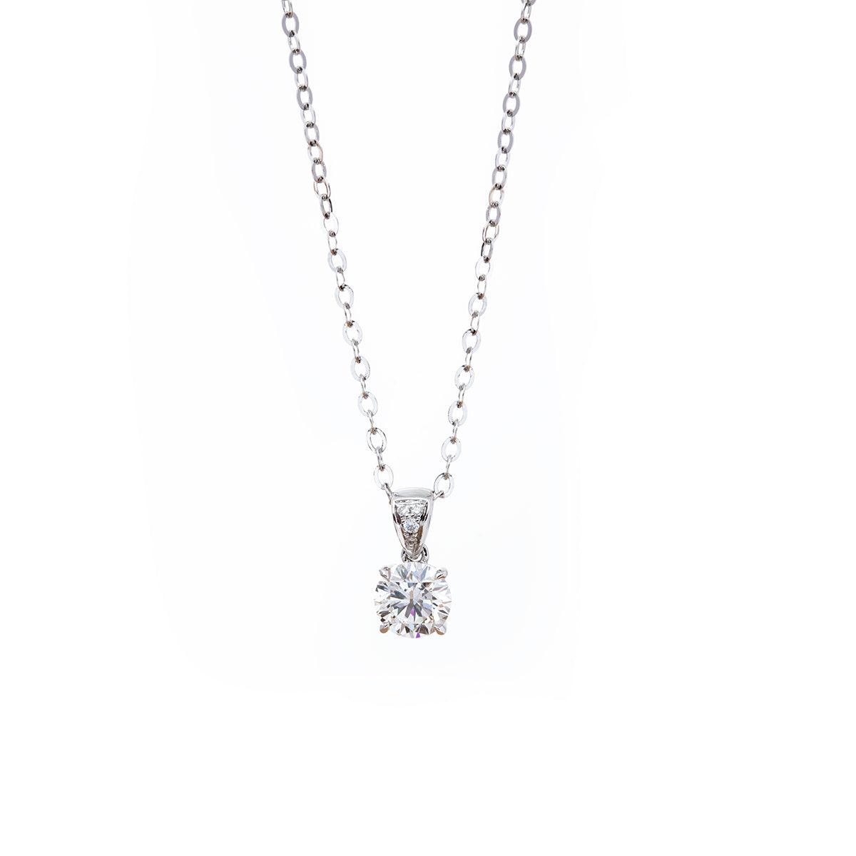 18K White Gold Round Brilliant Cut Lab Diamond Four Claw Prongs Basket Setting Pendant Necklace