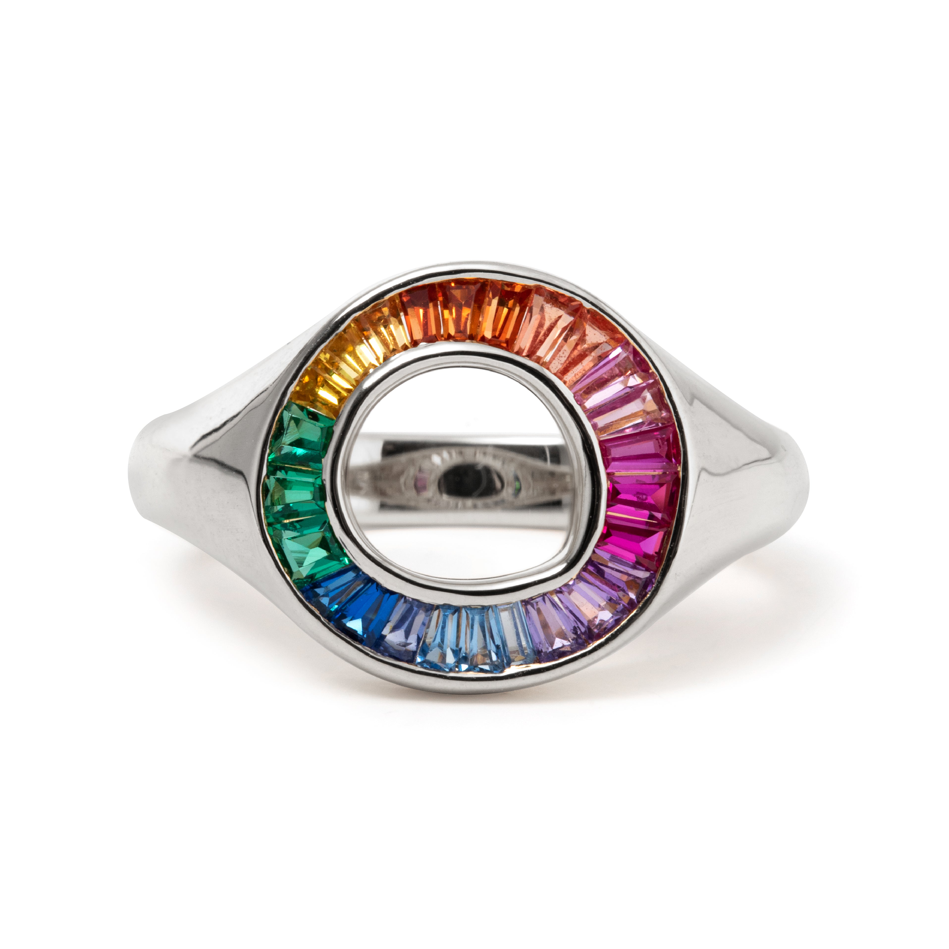 14K Yellow Gold Baguette Cut Rainbow Color Lab Sapphire Channel Setting Sphere Ring